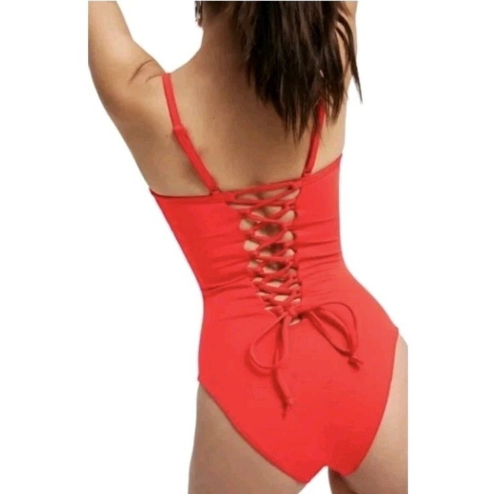 New Good American‎ Sculpt One-Piece Swimsuit Red Poppy Women L Corset Tie Back